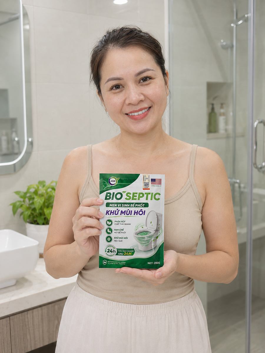 Khách hàng cầm gói BIO SEPTIC trong nhà vệ sinh